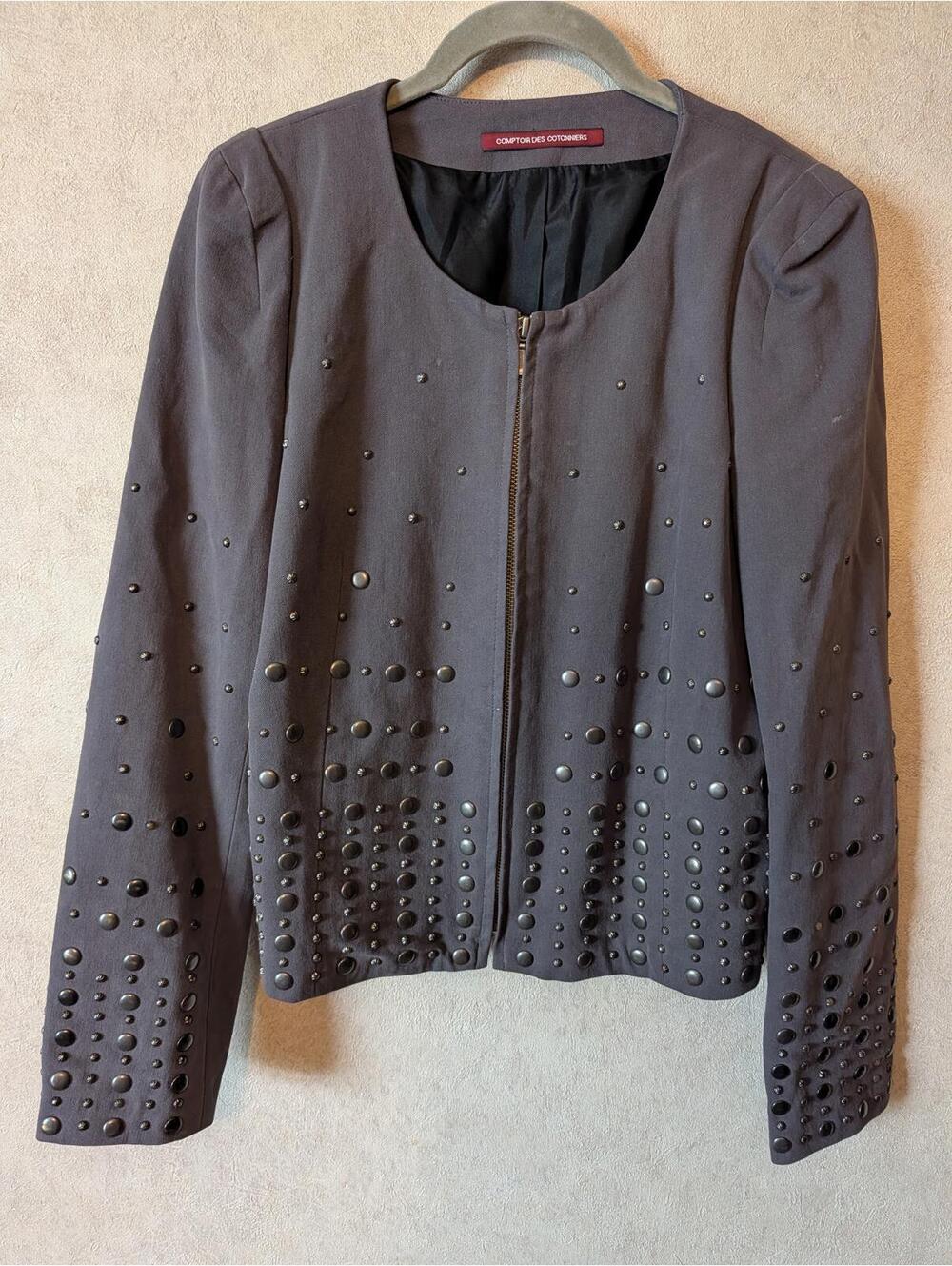 COMPTOIR DES COTTONIERS Gray studded cotton jacket sz 6